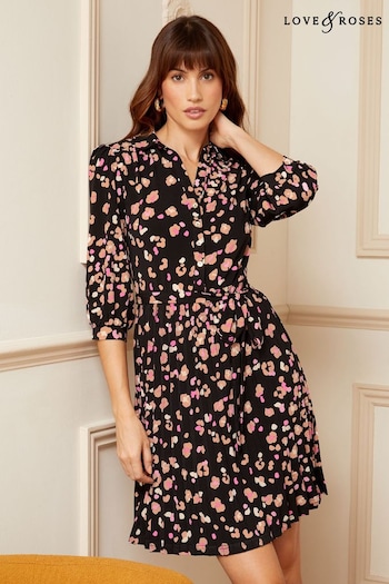 Love & Roses Black Jersey Pleated Belted Mini Summer Shirt Dress (P88887) | £42