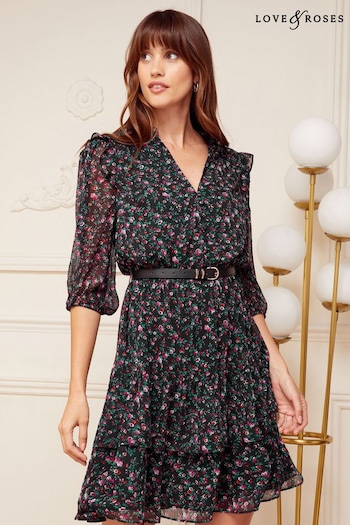 Love & Roses Black Floral Chiffon V Neck Elasticated Sleeve Belted Mini Dress (P88888) | £55
