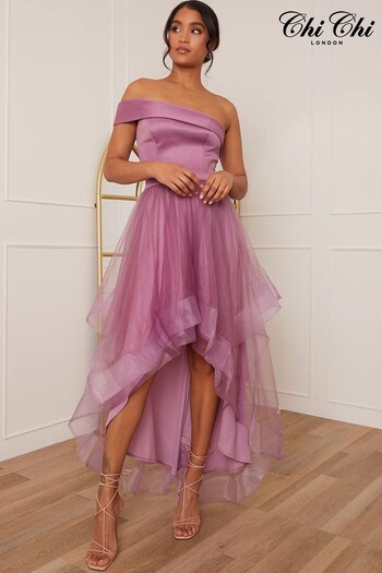 Chi Chi London Purple One Shoulder Mesh Skirt Dip Hem Dress (P89334) | £93