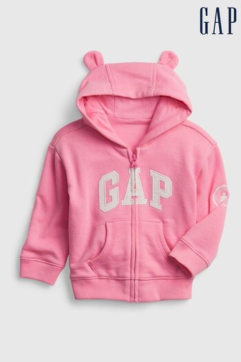 Gap Pink Logo Zip Up Bear Ear Hoodie - Baby (P89510) | £25