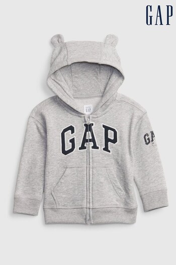 Gap Light Grey Logo Zip Up Bear Ear Hoodie - Baby (P89677) | £20