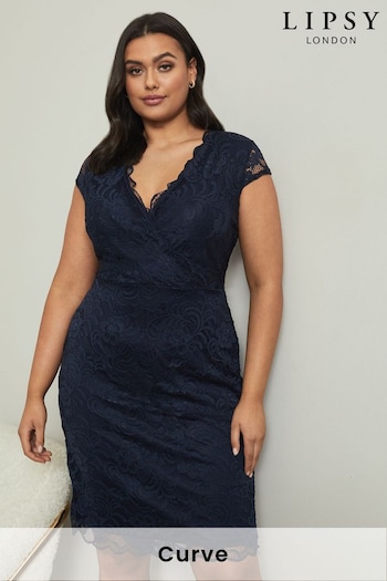 Lipsy Blue Curve Short Sleeve V Neck Lace Bodycon Dress (P89974) | £38