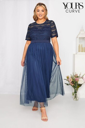 Yours Curve Blue Long Sleeve Sweetheart Lace Mesh Dress (P90191) | £85