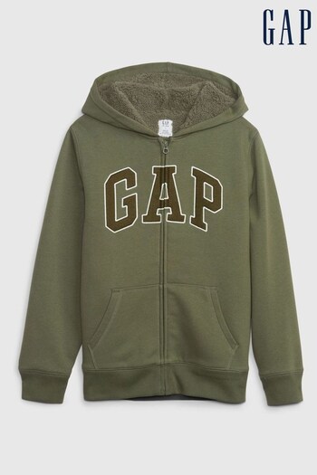 Gap Green Logo Sherpa Lined Zip Up Kids Hoodie (P91079) | £35