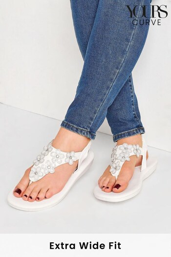 Yours Curve White Extra-Wide Fit Gem Flower Toepost Sandal (P91145) | £27