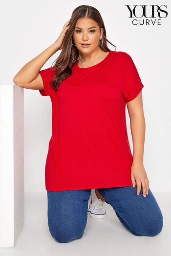 Yours Curve Red Grown On Sleeve Dip Back T-Shirt (P91171) | £14