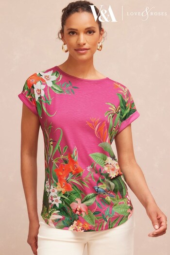 V&A | Love & Roses Magenta Floral Roll Sleeve T-Shirt (P92229) | £26