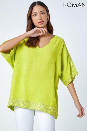 Roman Green Cotton Oversized Floral Tunic Top (P92472) | £32