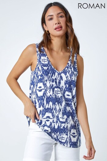 Roman Blue & White Abstract Print Stretch Jersey Cami Top (P92477) | £26