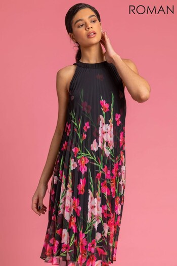 Roman Black High Neck Floral Pleated Swing Dress (P92509) | £65