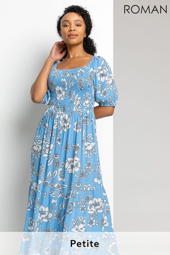 Roman Blue Petite Floral Print Shirred Bodice Maxi Dress (P92510) | £45