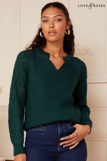 Love & Roses Green Pointelle Sleeve V Neck Knitted Jumper (P92772) | £42