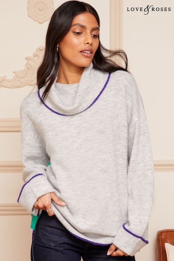 Love & Roses Grey Contrast Roll Neck Cable Knit Jumper (P92776) | £44
