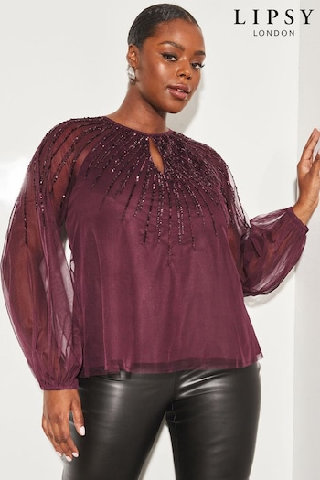 Lipsy Berry Red Curve Long Sleeve Keyhole Sequin Detail Top (P93105) | £59