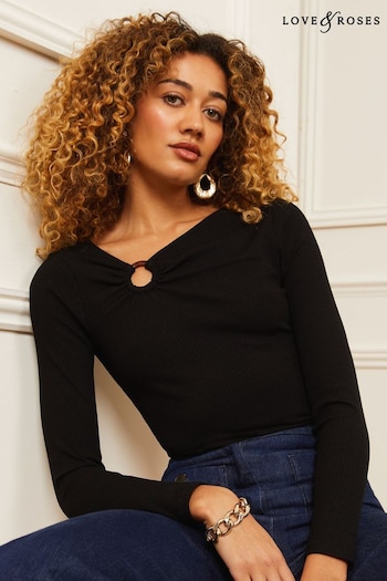 Tops, T Shirts & Polos Black Ring Detail Asymmetric Neck Long Sleeve Ribbed Jersey Top (P93548) | £28