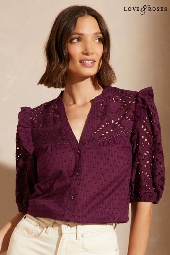Mens Grooming Electricals Purple Broderie V Neck Ruffle Yoke Puff Sleeve Blouse (P93623) | £35