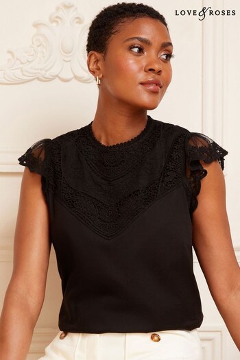 Food & Drink Black Sleeveless Crochet Lace Yoke Top (P93626) | £32