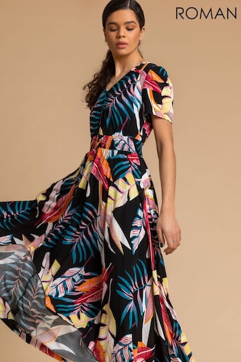 Roman Black Tropical Palm Shirred Waist Maxi Dress (P94148) | £45