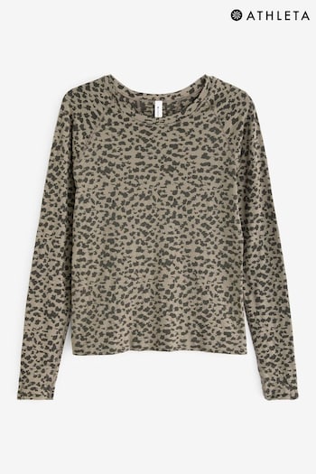 Athleta Khaki Green Momentum Leopard Print Seamless Long Sleeve T-Shirt (P94264) | £70