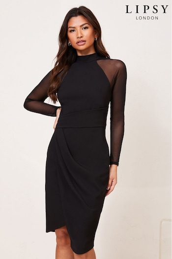 Lipsy Black Mesh Long Sleeve Asymmetrical Bodycon Dress (P94747) | £72