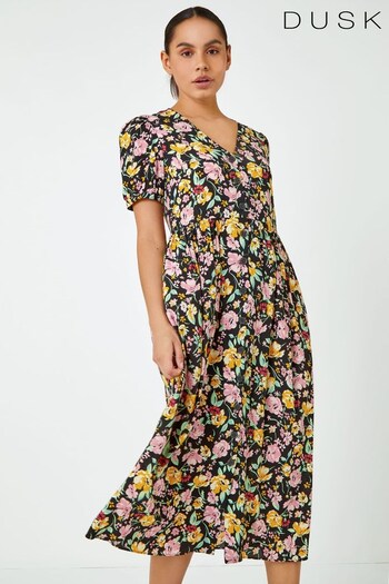 Dusk Black Floral Print Button Through Dress (P94869) | £60