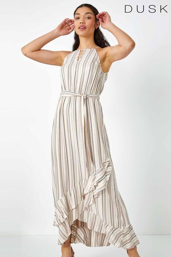 Dusk White Stripe Print Frill Detail Maxi Dress (P94882) | £48