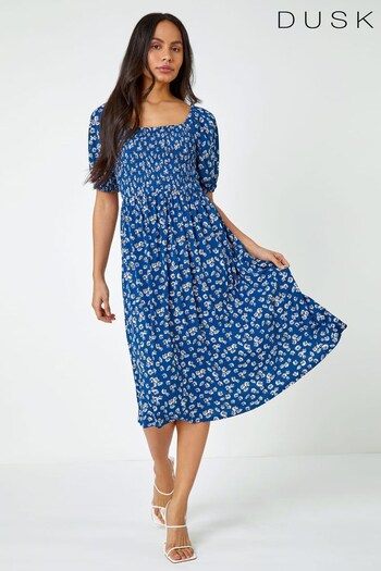 Dusk Blue Ditsy Floral Shirred Midi Dress (P94888) | £52