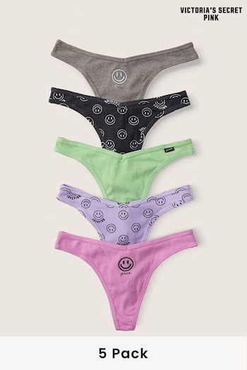 Victoria's Secret PINK Grey/Purple/Green Smiley Thong Cotton Knickers 5 Pack (P95218) | £25