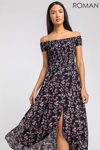 Roman Black Shirred Floral Print Bardot Dress (P95632) | £35