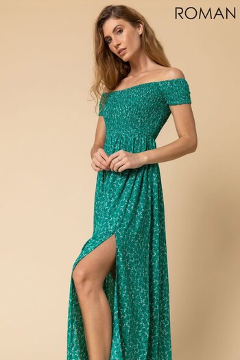 Roman Green Shirred Ditsy Floral Print Bardot Dress (P95641) | £35