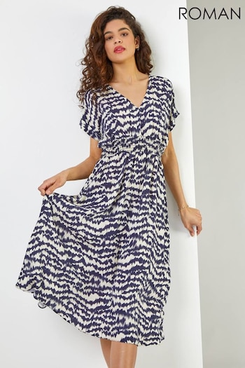 Roman Blue Abstract Print Fit & Flare Dress (P96403) | £44