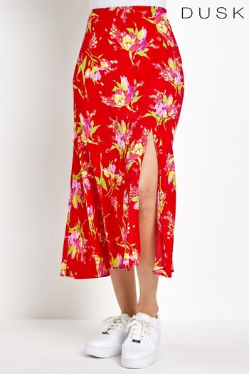 Dusk Red Floral Asymmetric Frill Midi Skirt (P96468) | £35