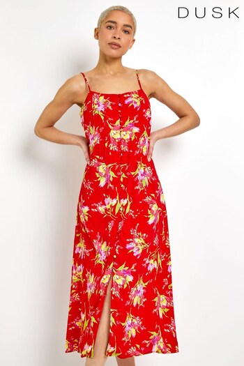 Dusk Red Strappy Floral Square Neck Midi Dress (P96469) | £45