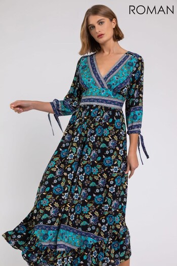 Roman Black Floral Border Print Maxi Dress (P96613) | £45