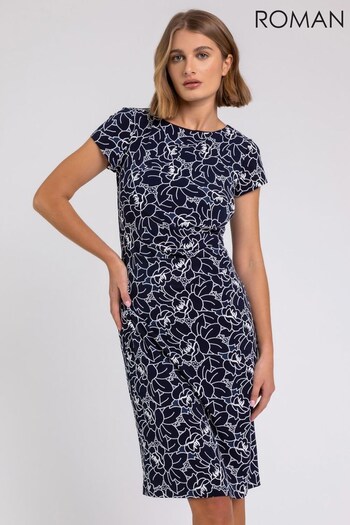 Roman Navy Floral Puff Print Side Ruched Dress (P96617) | £38