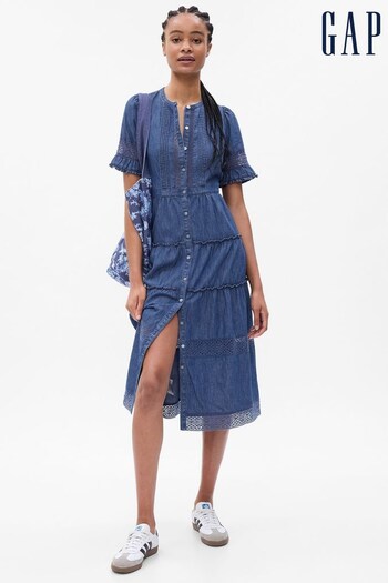 Gap Blue LoveShackFancy Denim Tiered Midi Dress (P96904) | £99