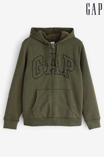 Gap Khaki Green Logo Sherpa-Lined Zip Up Hoodie (P96931) | £60