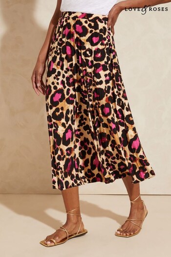Love & Roses Neutral Animal Pleated Summer Midi Skirt (P97295) | £35