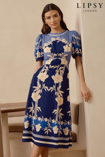 Lipsy Navy Woven Underbust Puff Sleeve Summer Midi Richmond Dress (P98105) | £52