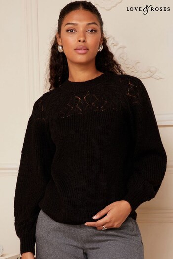 Love & Roses Black Textured Woven Supersoft Knitted Mix Long Sleeve Jumper (P98119) | £42