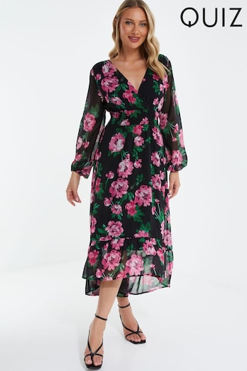 Quiz Black & Pink Floral Chiffon Midi Dress With Long Sleeve and Shirred Waist (P98137) | £50