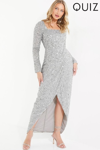 Quiz Silver Grey Sequin Long Sleeve Wrap Maxi Dress (P98140) | £135