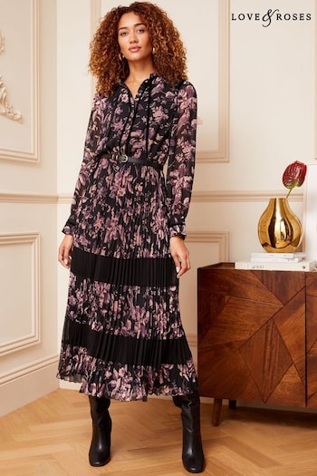 Love & Roses Black and Pink Floral Printed V Neck Belted Long Sleeve Midi Dress (P98163) | £72