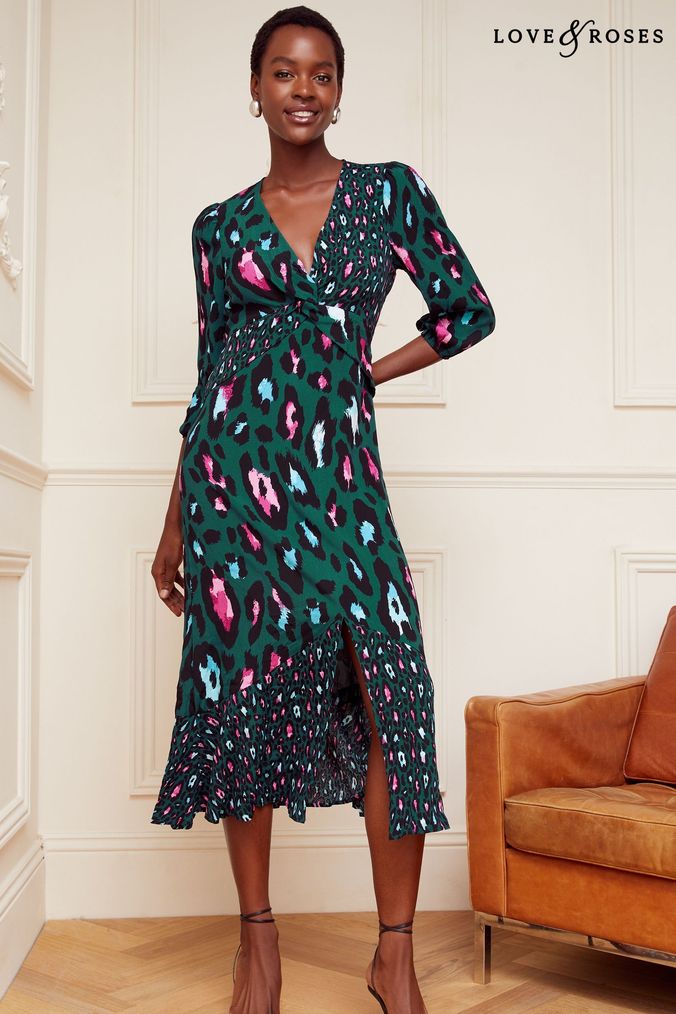 Love & Roses Green Animal V Neck Twist Front Long Sleeve Midi Dress (P98164) | £54