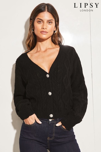 Lipsy Black Cropped Cable Knit Button Through Cardigan (P98474) | £42