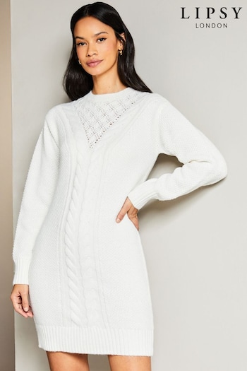 Lipsy Ivory White Cosy Pointelle Crew Neck Knitted Jumper Dress (P98492) | £52
