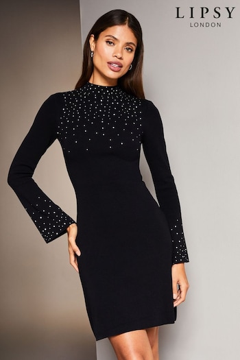 Lipsy Black Long Sleeve Ombre Hot Fix Knitted Dress (P98494) | £60