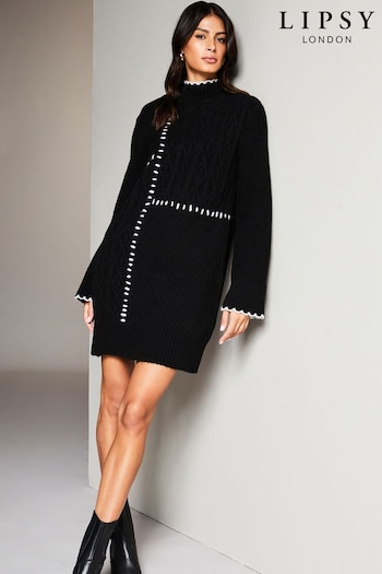 Lipsy Black Whipstitch Knitted Jumper Dress dot (P98496) | £59