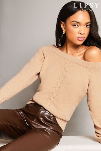 Lipsy Camel Cable Knitted Off The Shoulder Jumper (P98502) | £32