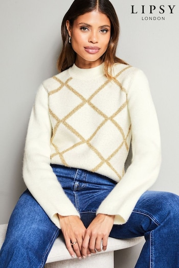 Lipsy Ivory White Tinsel Argyl Crew Neck Knitted Jumper (P98508) | £45